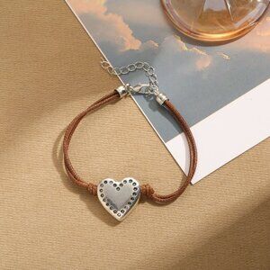 3/$35 Vintage Silver Love Heart Pendant Charm Bracelet Brown Rope Cord Jewelry